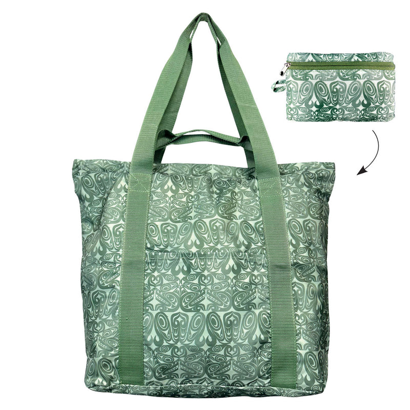 Green patterned tote bag with matching pouch
