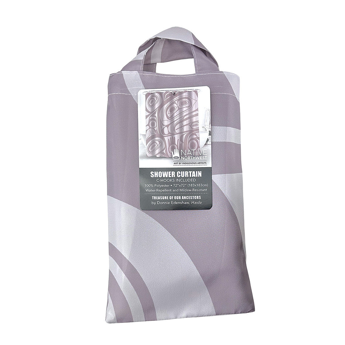 Shower curtain packaging with a label on a white background