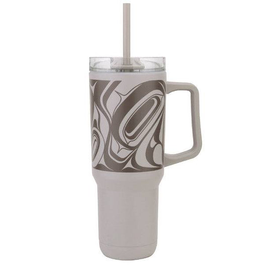 Grey insulated mug with handle and straw with Indigenous eagle design