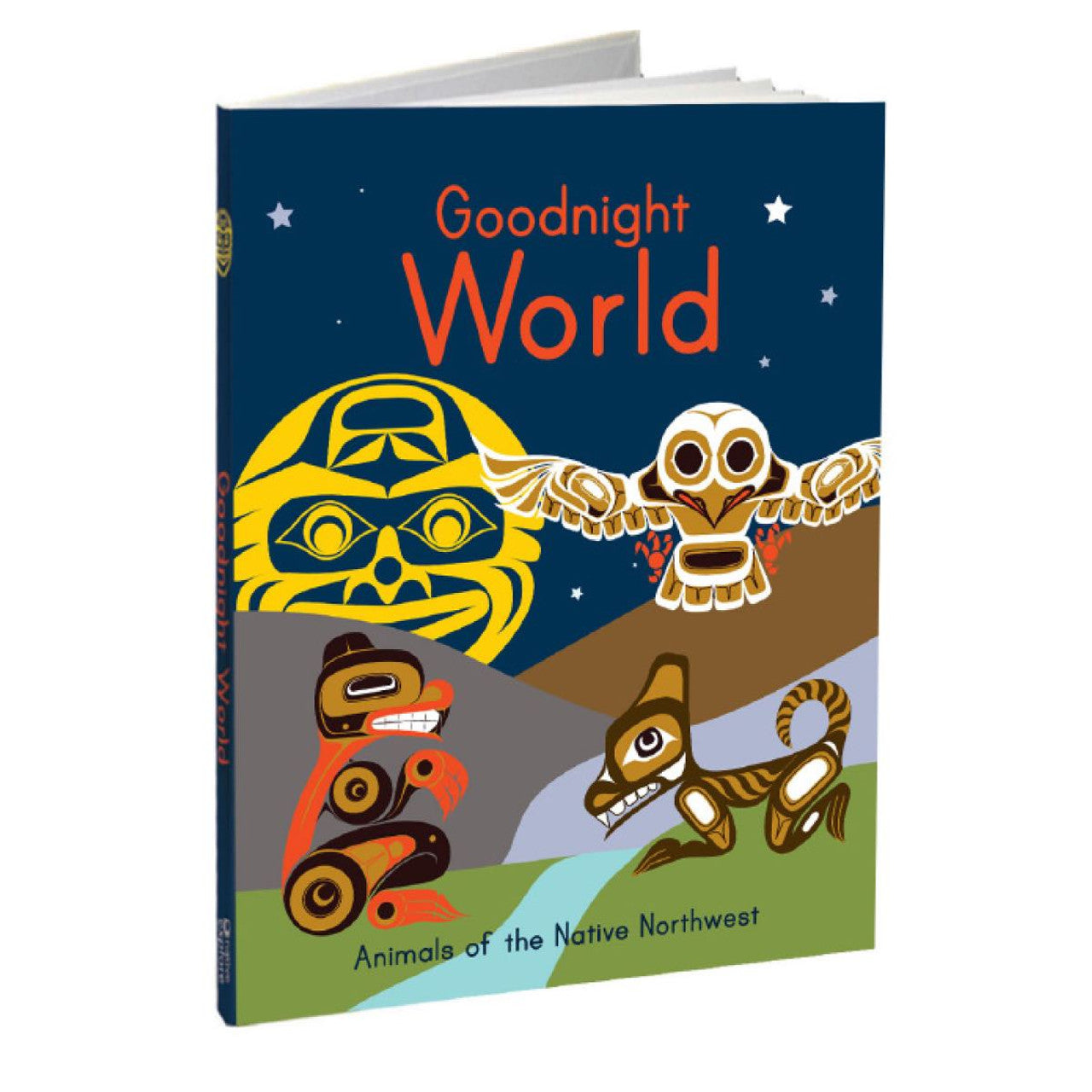 Children's book titled 'Goodnight World' with Native Northwest animal illustrations