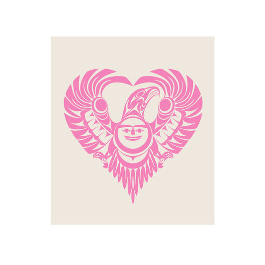 Pink Indigenous heart-shaped design with a face and wings on a beige cloth