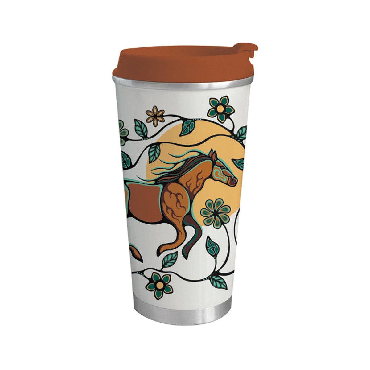 Travel mug with a horse design and brown lid