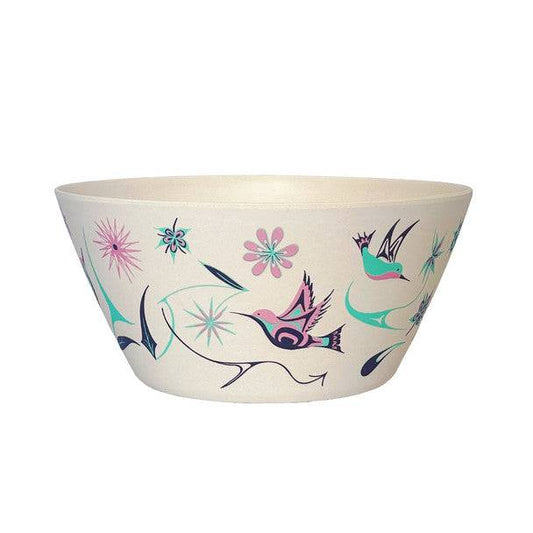 Decorative bowl with Indigenous design bird and flower pattern