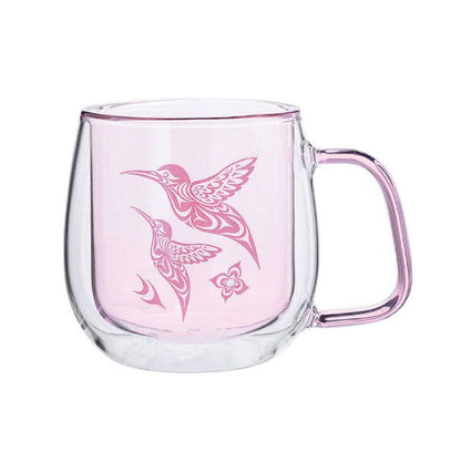 Double walled Glass Mug with Indigenous Design Hummingbird By Simone Diamond displayed in front a white background