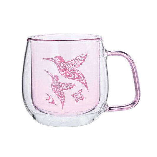 Double walled Glass Mug with Indigenous Design Hummingbird By Simone Diamond displayed in front a white background