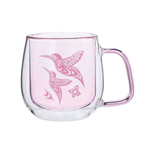 Double walled Glass Mug with Indigenous Design Hummingbird By Simone Diamond displayed in front a white background