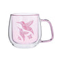 Double walled Glass Mug with Indigenous Design Hummingbird By Simone Diamond displayed in front a white background