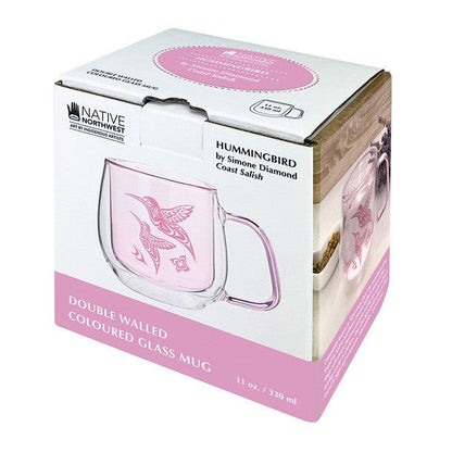 Double walled Glass Mug with Indigenous Design Hummingbird By Simone Diamond in it's packaging box