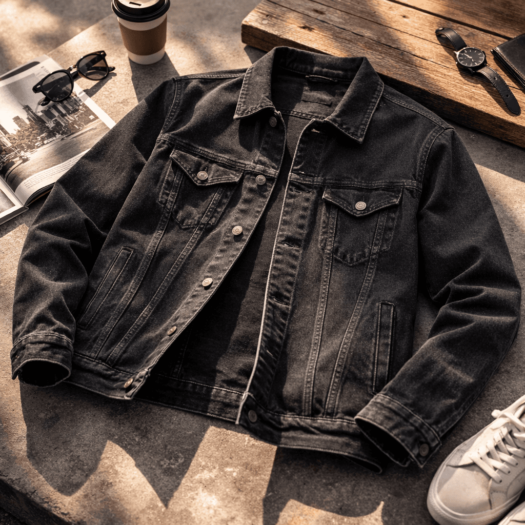 Black denim jacket on a textured surface with a coffee cup, sunglasses, and watch in the background.