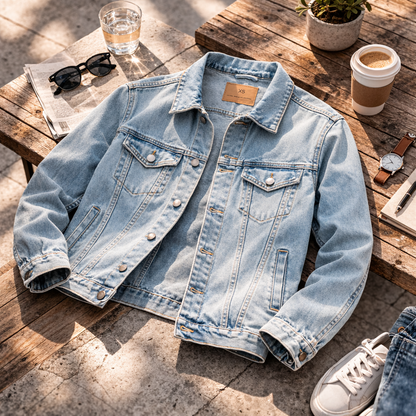 Light blue denim jacket on a wooden table with a cup, sunglasses, and plant in the background.