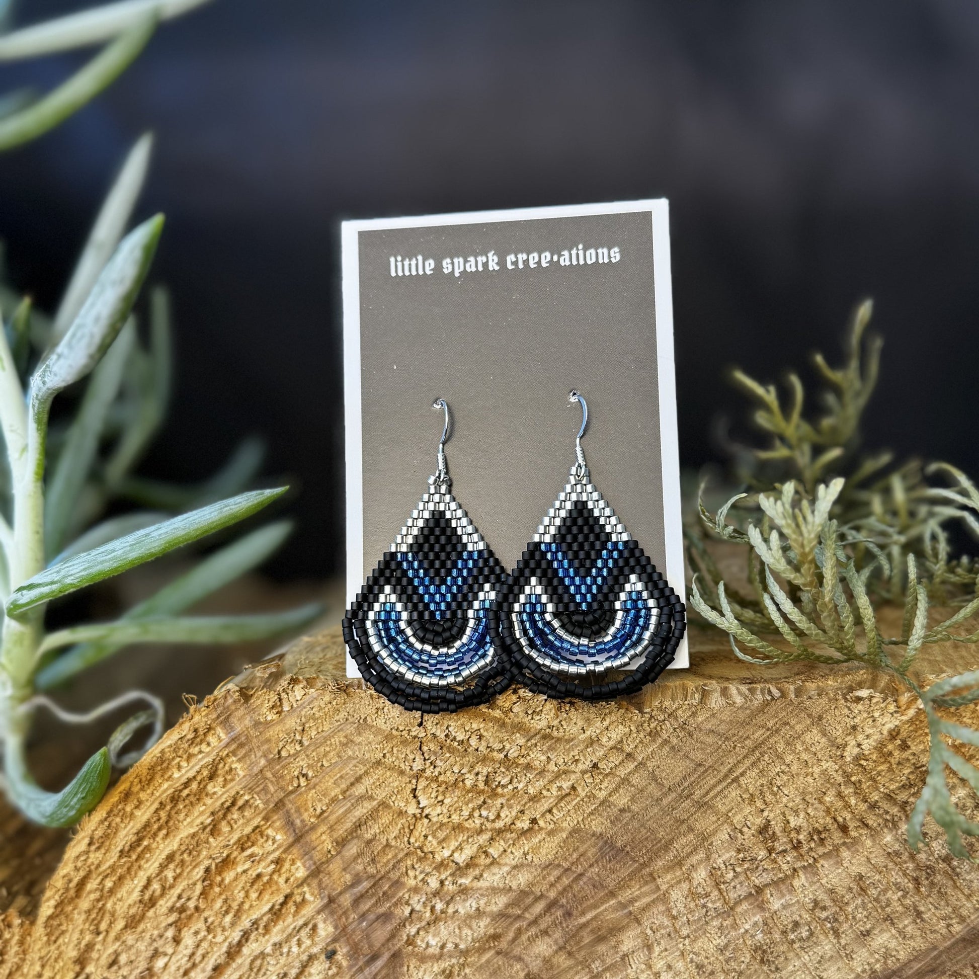 Black and Blue large beaded earrings handmade by Dee Cochrane of Little Spark Cree-ations