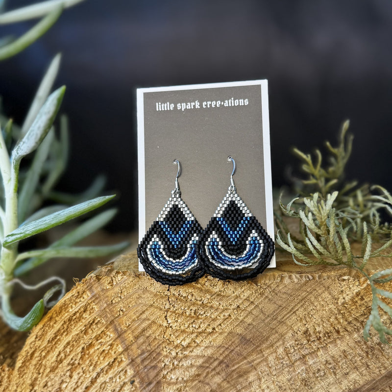 Black and Blue large beaded earrings handmade by Dee Cochrane of Little Spark Cree-ations
