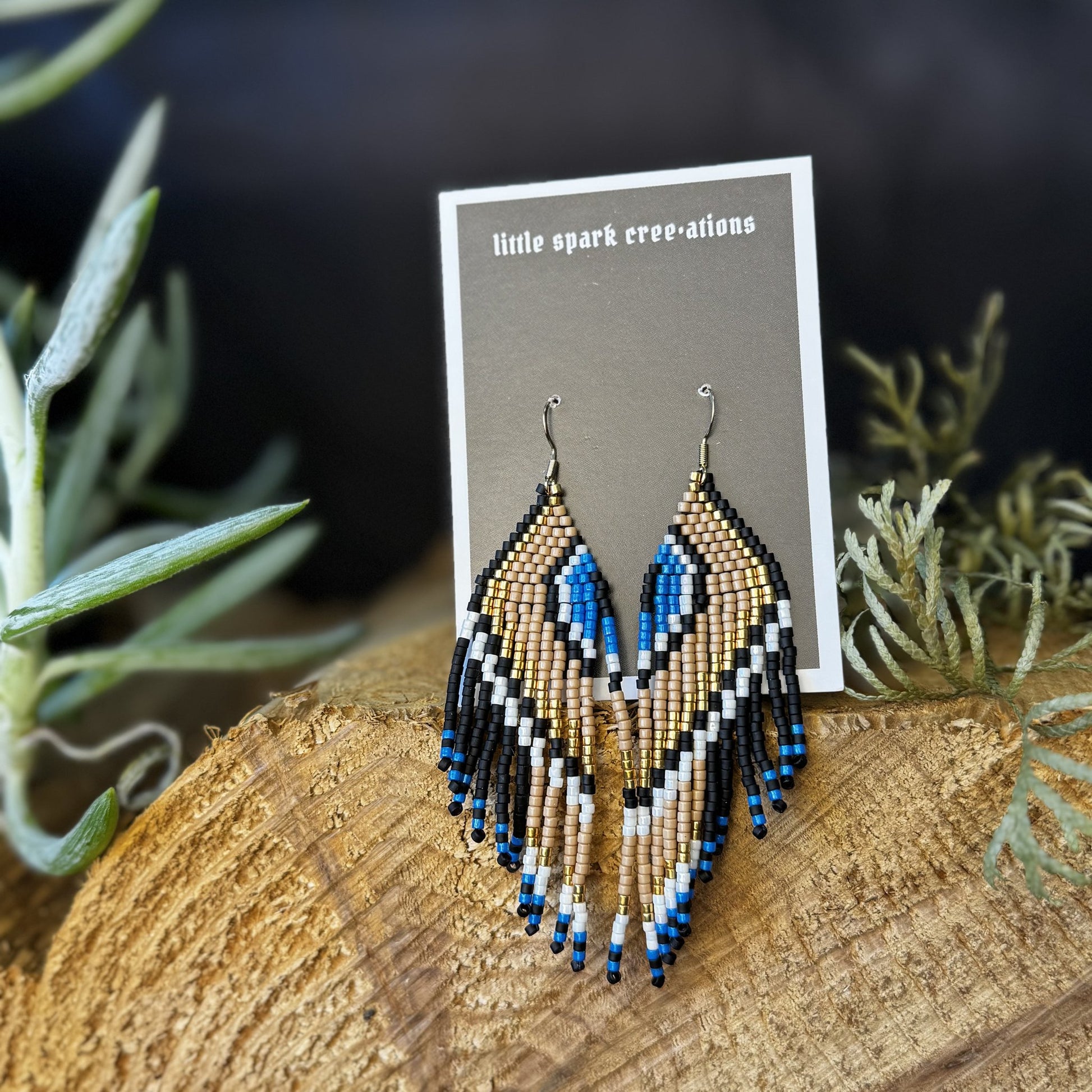 Blue and Gold Fringe large beaded earrings handmade by Dee Cochrane of Little Spark Cree-ations
