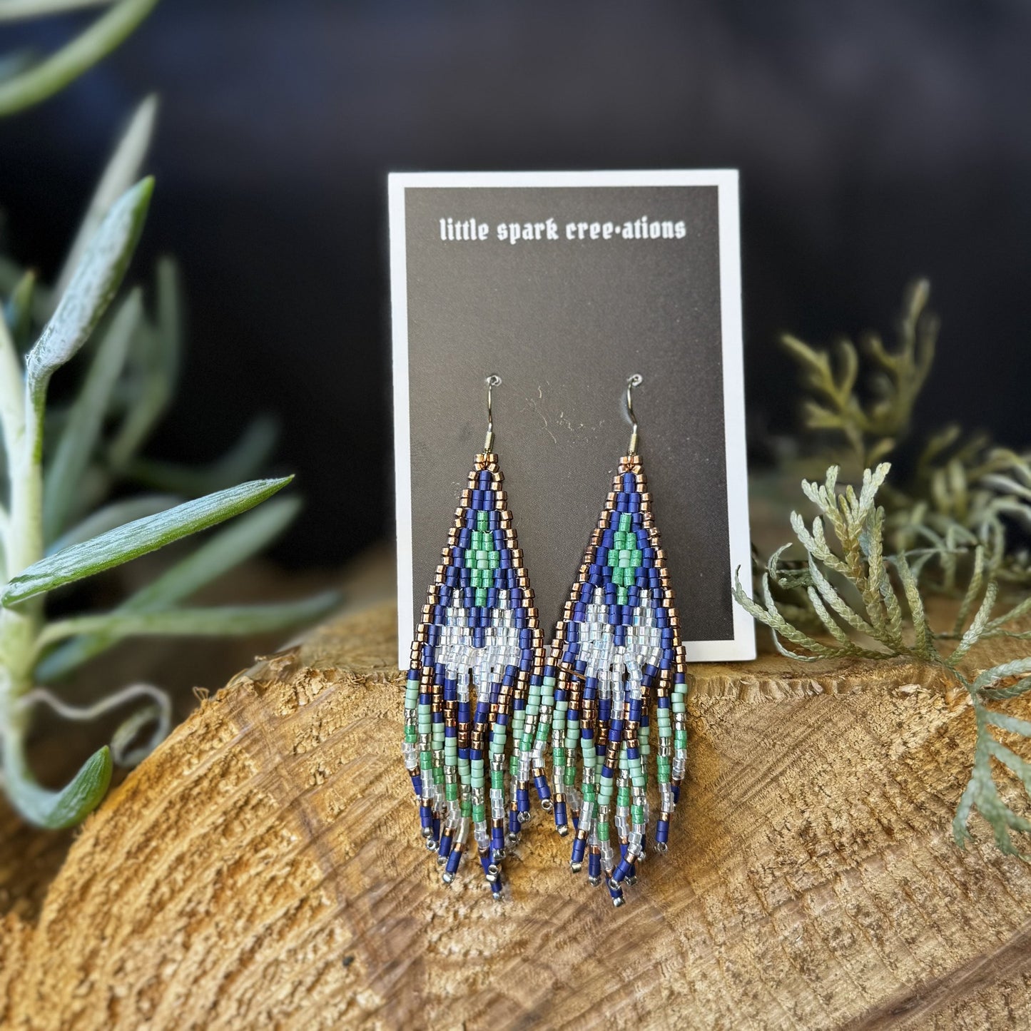 Blue and Green Fringe large beaded earrings handmade by Dee Cochrane of Little Spark Cree-ations