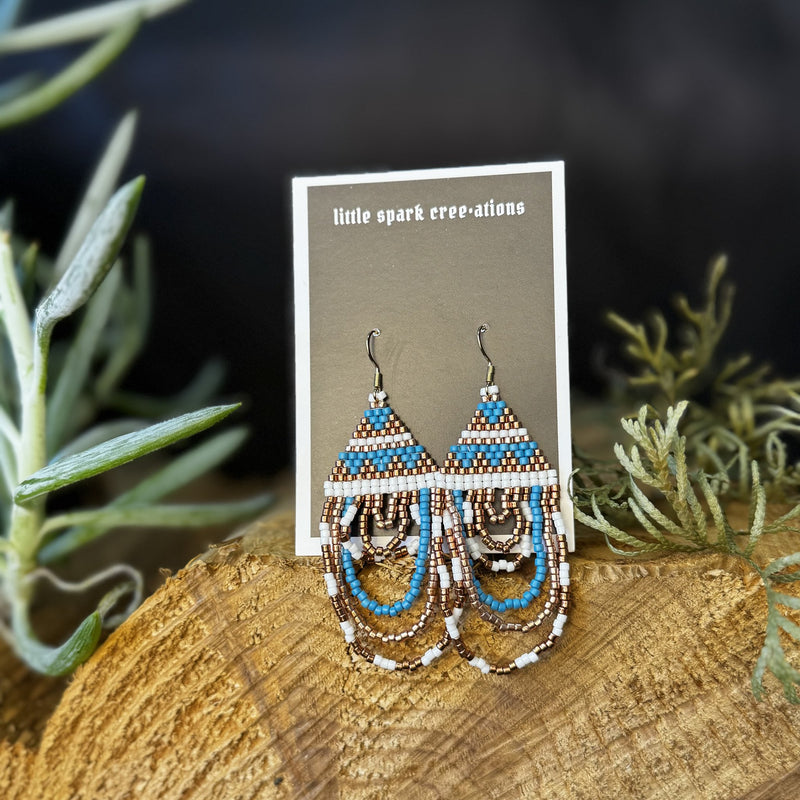 Brown and Turquoise large beaded earrings handmade by Dee Cochrane of Little Spark Cree-ations