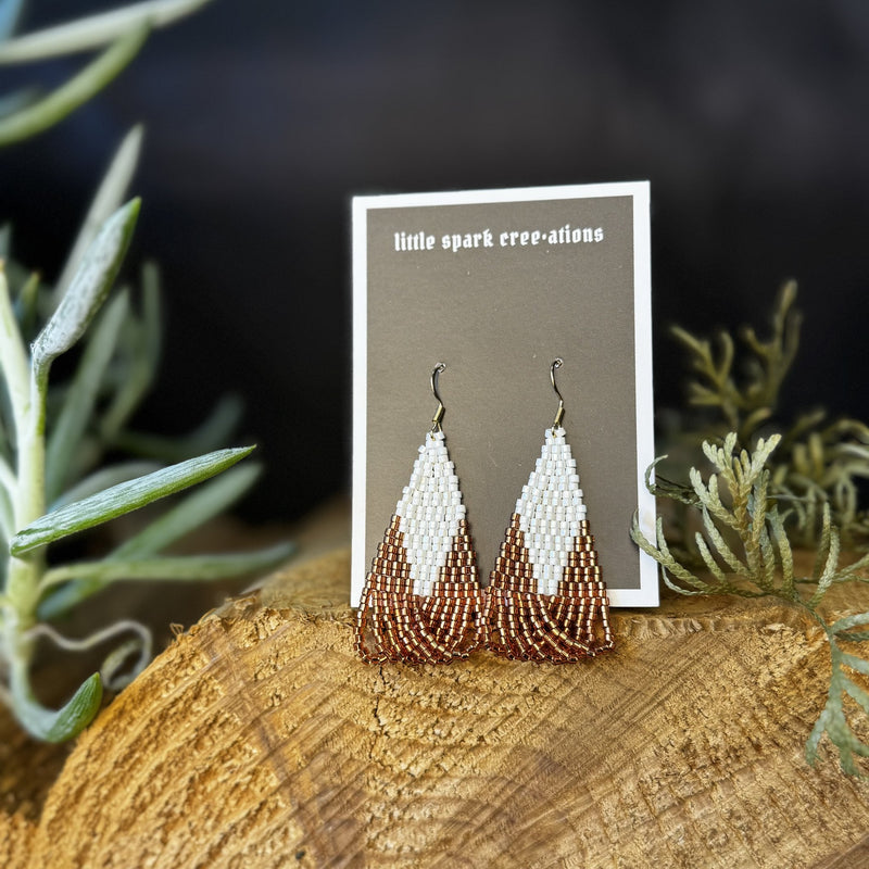 Copper and White large beaded earrings handmade by Dee Cochrane of Little Spark Cree-ations