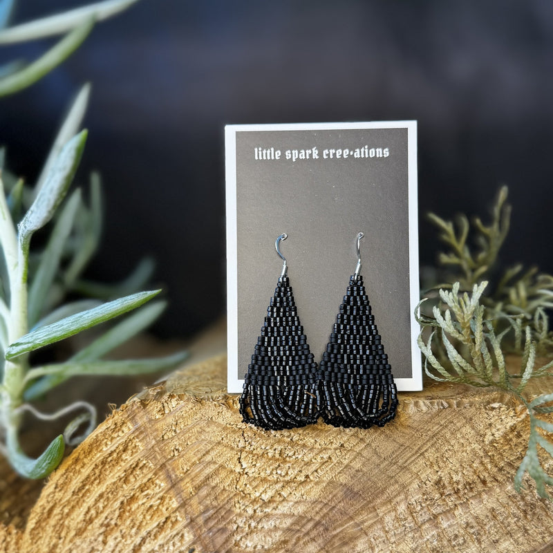 Matte Black Fringe large beaded earrings handmade by Dee Cochrane of Little Spark Cree-ations