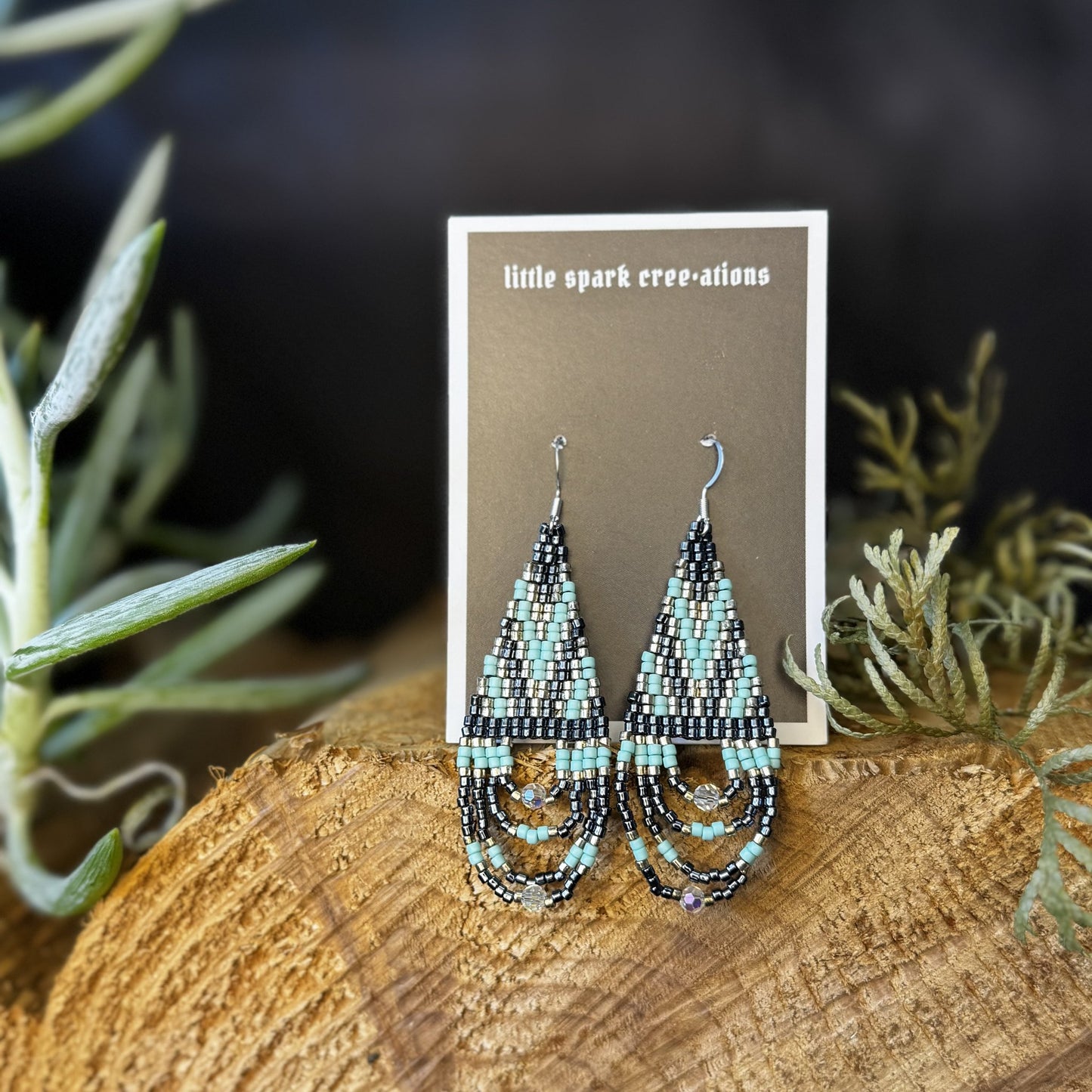 Mint and Black large beaded earrings handmade by Dee Cochrane of Little Spark Cree-ations