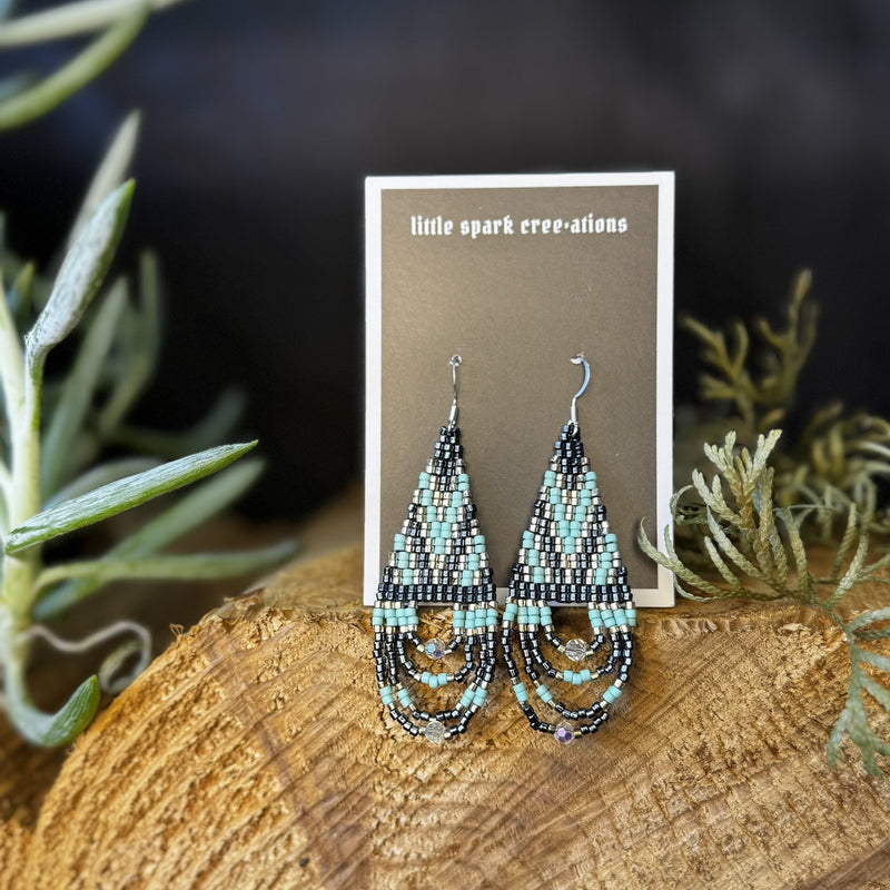Mint and Black large beaded earrings handmade by Dee Cochrane of Little Spark Cree-ations