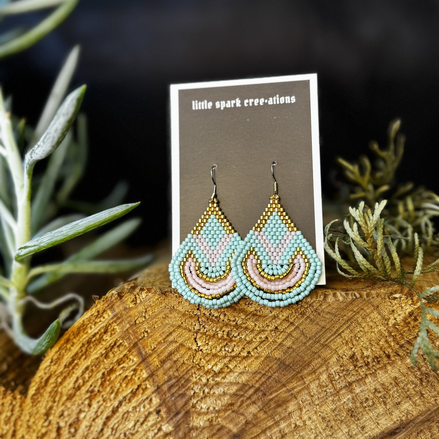 Mint and Pink Drop large beaded earrings handmade by Dee Cochrane of Little Spark Cree-ations