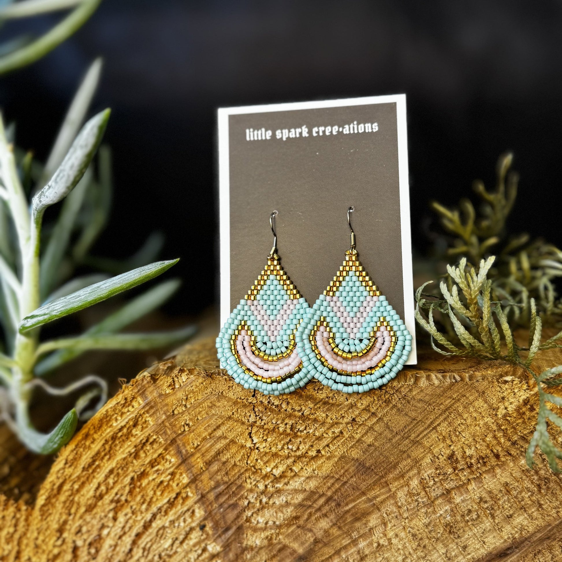 Mint and Pink Drop large beaded earrings handmade by Dee Cochrane of Little Spark Cree-ations