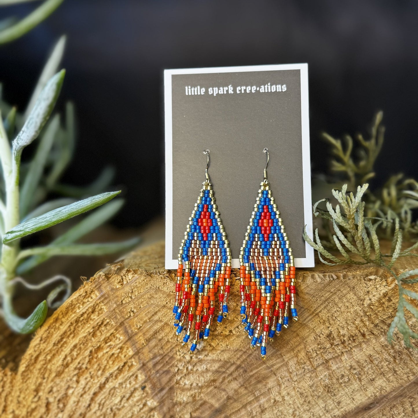 Orange and Blue Diamond large beaded earrings handmade by Dee Cochrane of Little Spark Cree-ations