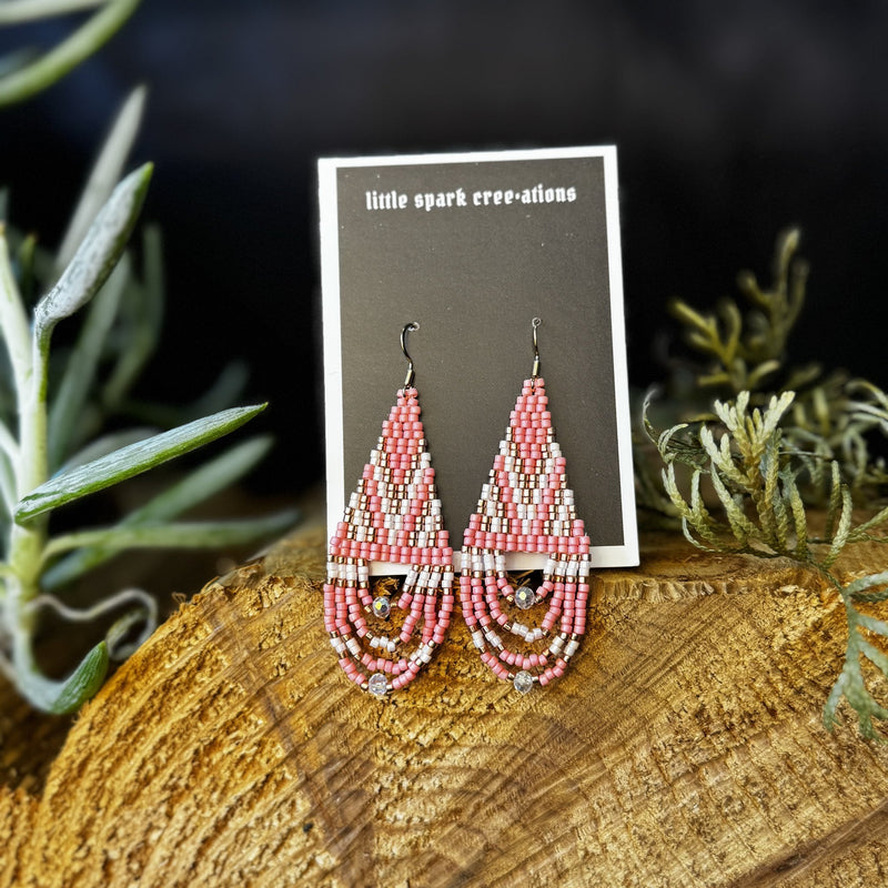 Pink and Cream large beaded earrings handmade by Dee Cochrane of Little Spark Cree-ations