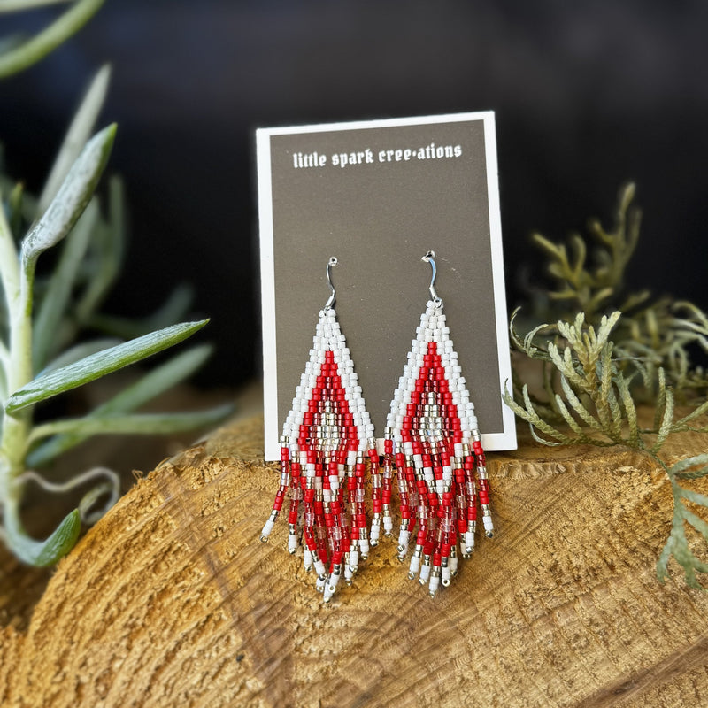 Red and White Diamond large beaded earrings handmade by Dee Cochrane of Little Spark Cree-ations