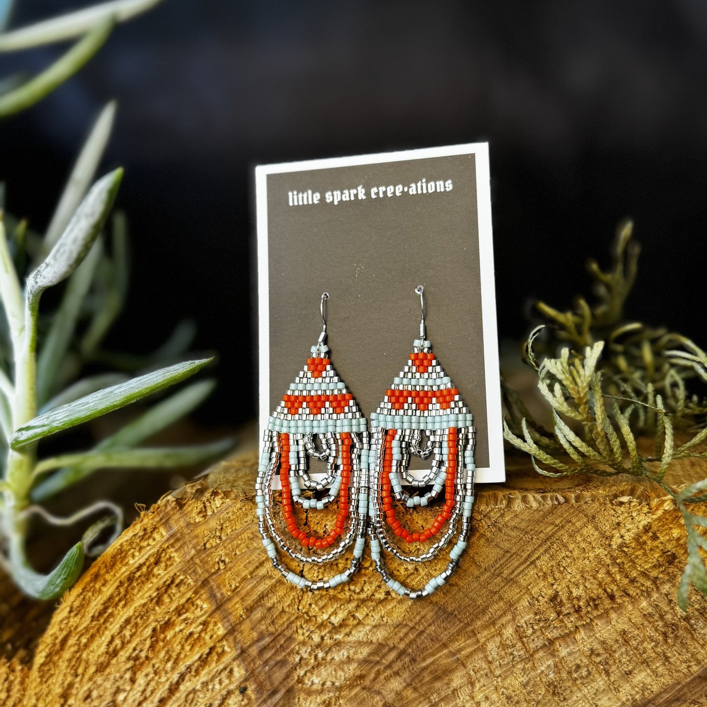 Silver and Red Fringe large beaded earrings handmade by Dee Cochrane of Little Spark Cree-ations