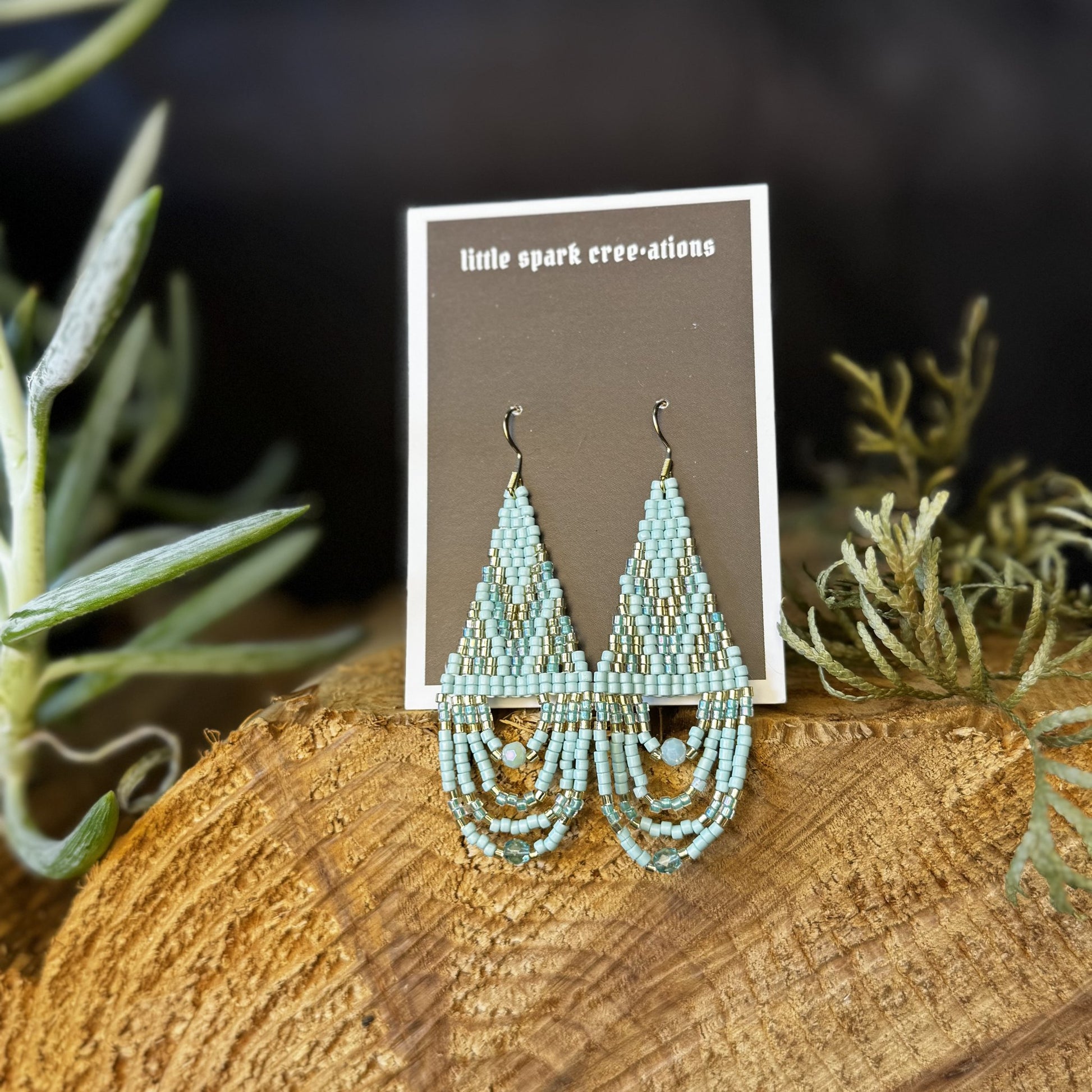 Soft Mint large beaded earrings handmade by Dee Cochrane of Little Spark Cree-ations