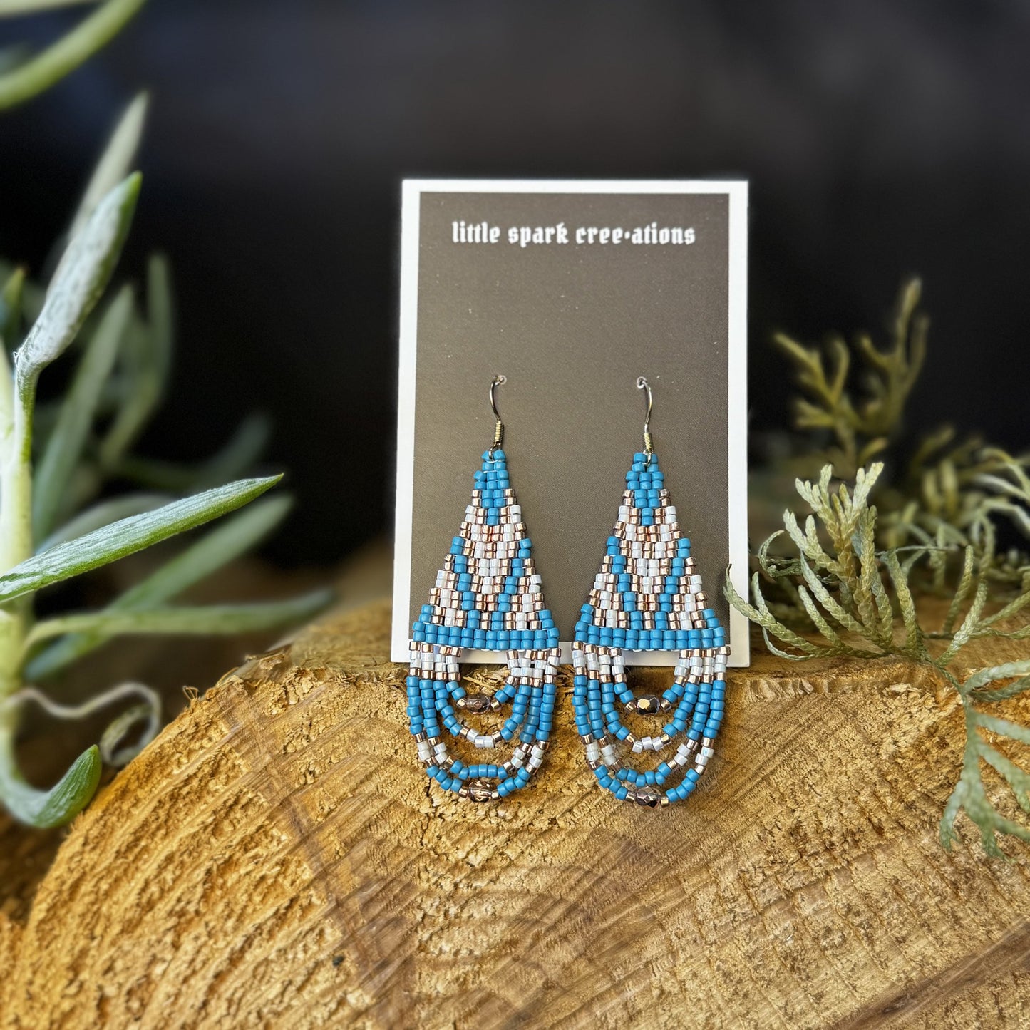 Blue and white large beaded earrings handmade by Dee Cochrane of Little Spark Cree-ations