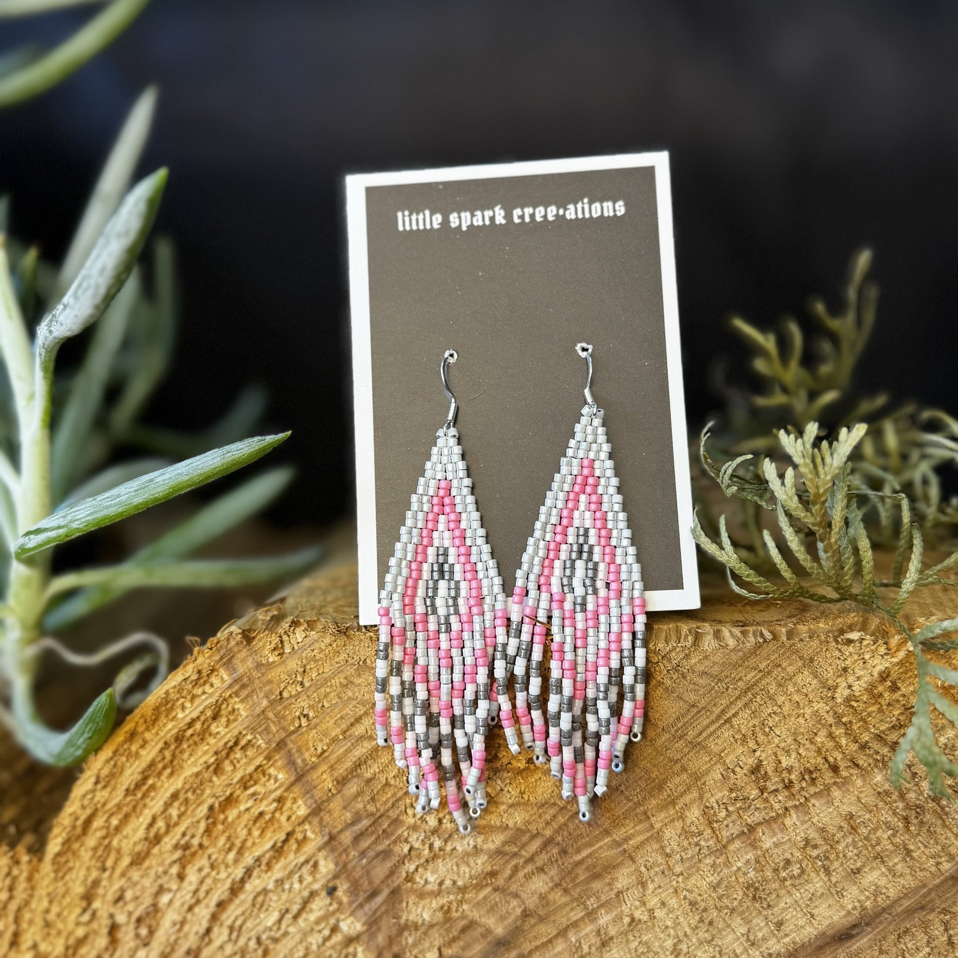 White and Pink Diamond large beaded earrings handmade by Dee Cochrane of Little Spark Cree-ations