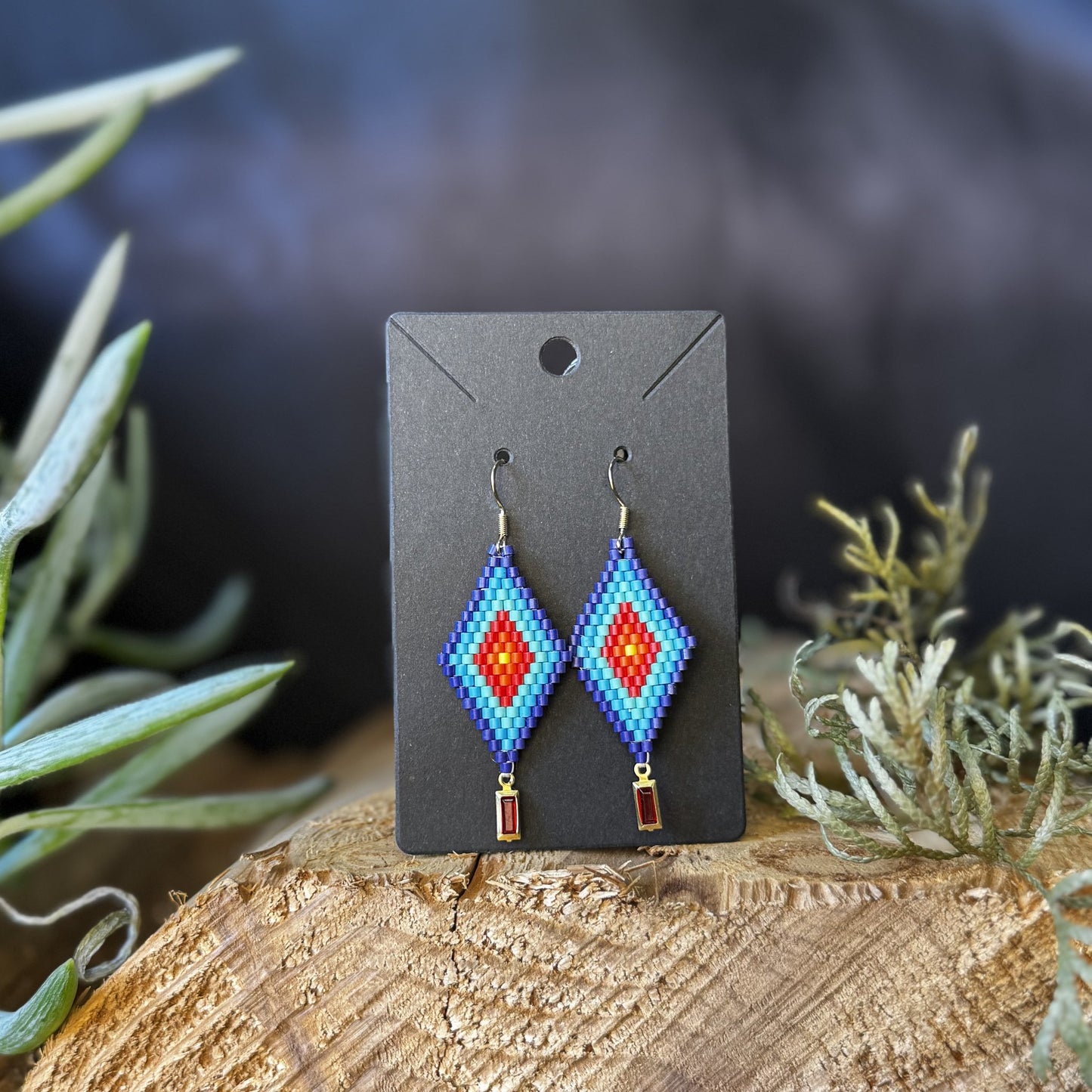 Blue and Red Diamond medium beaded earrings handmade by Dee Cochrane of Little Spark Cree-ations