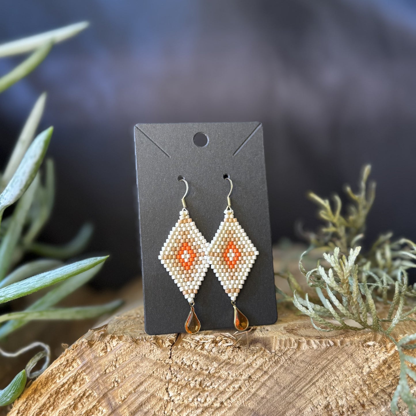 Cream and Orange Diamond medium beaded earrings handmade by Dee Cochrane of Little Spark Cree-ations