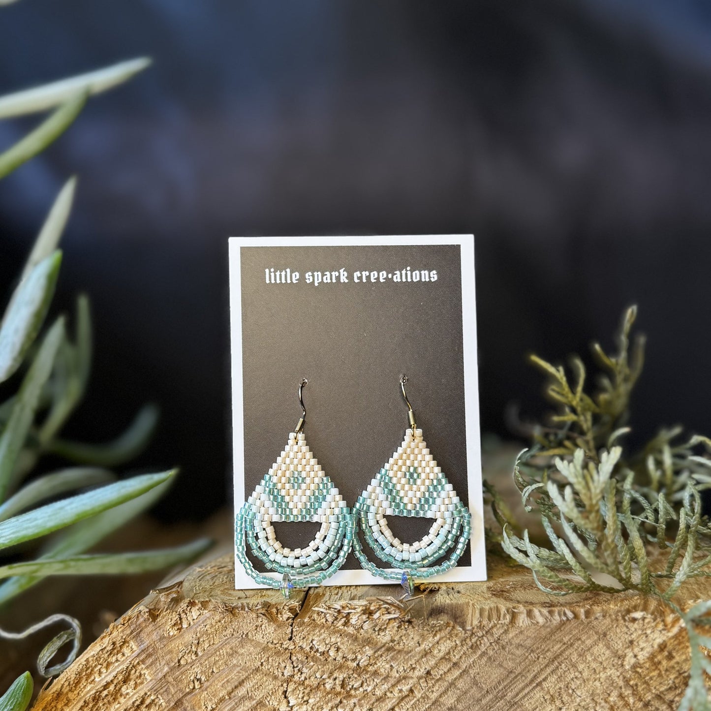 Cream and Sage medium beaded earrings handmade by Dee Cochrane of Little Spark Cree-ations