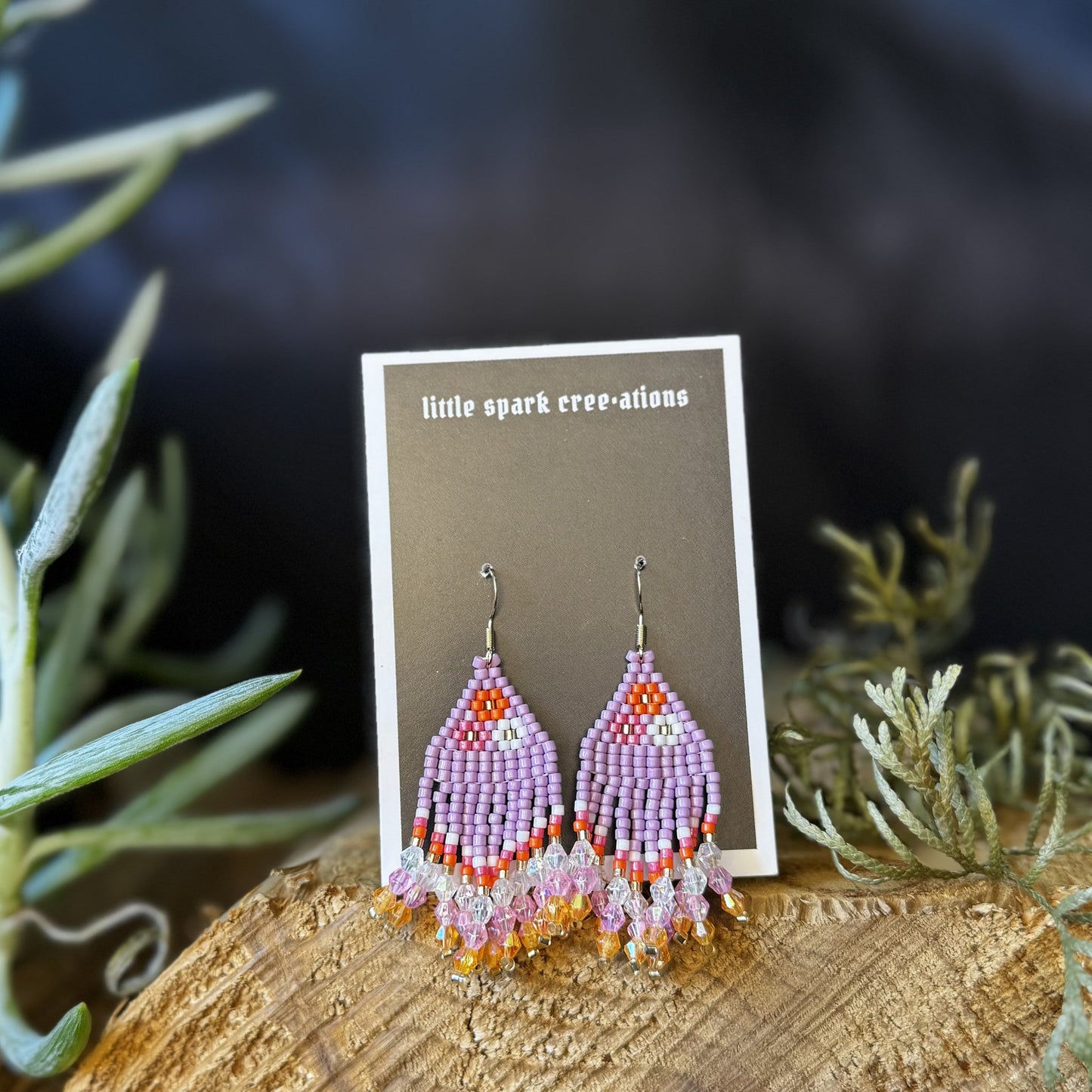 Lavender Fringe medium beaded earrings handmade by Dee Cochrane of Little Spark Cree-ations