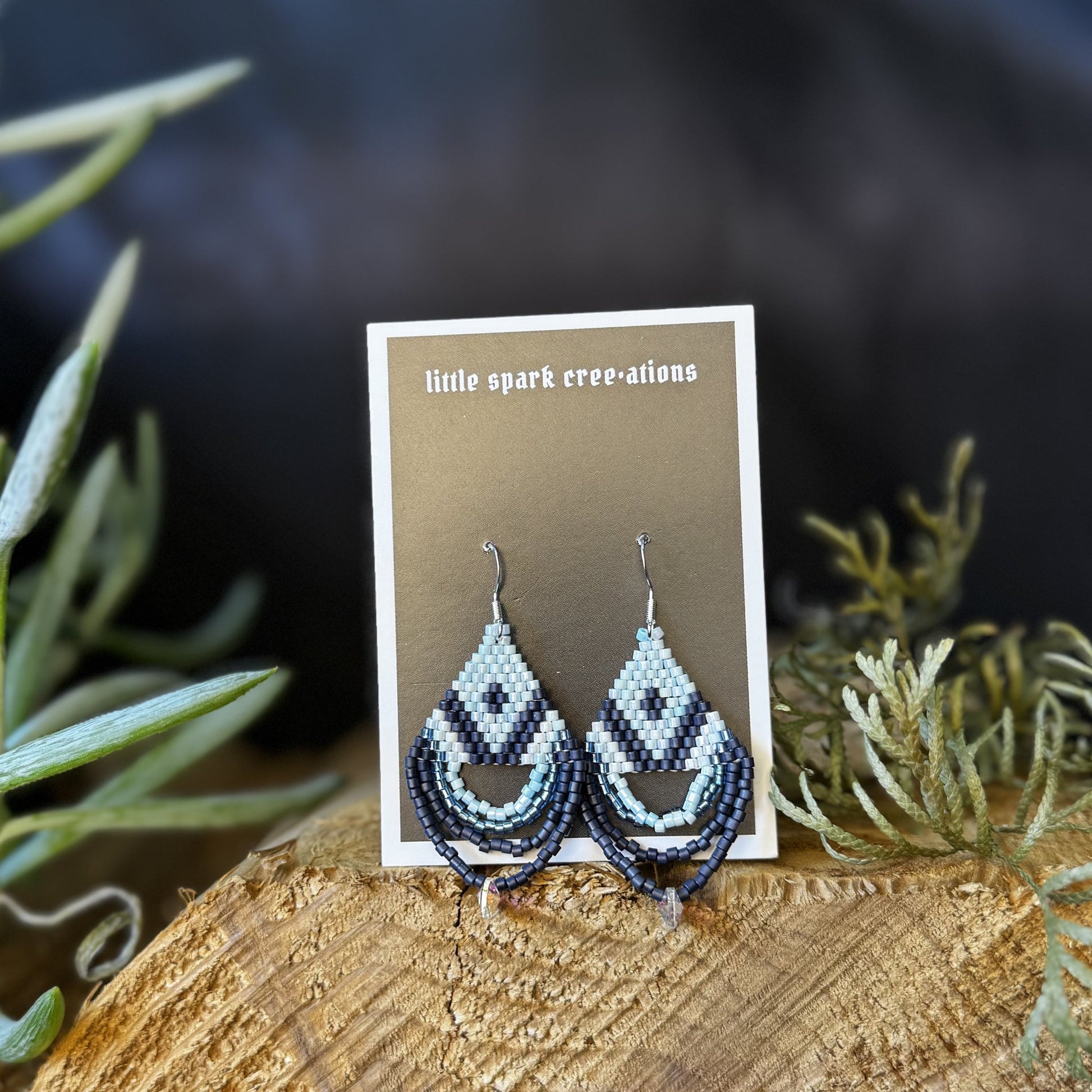 Light Blue and Navy medium beaded earrings handmade by Dee Cochrane of Little Spark Cree-ations