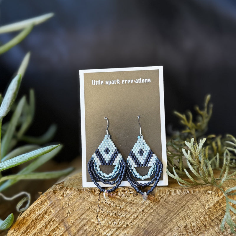 Light Blue and Navy medium beaded earrings handmade by Dee Cochrane of Little Spark Cree-ations