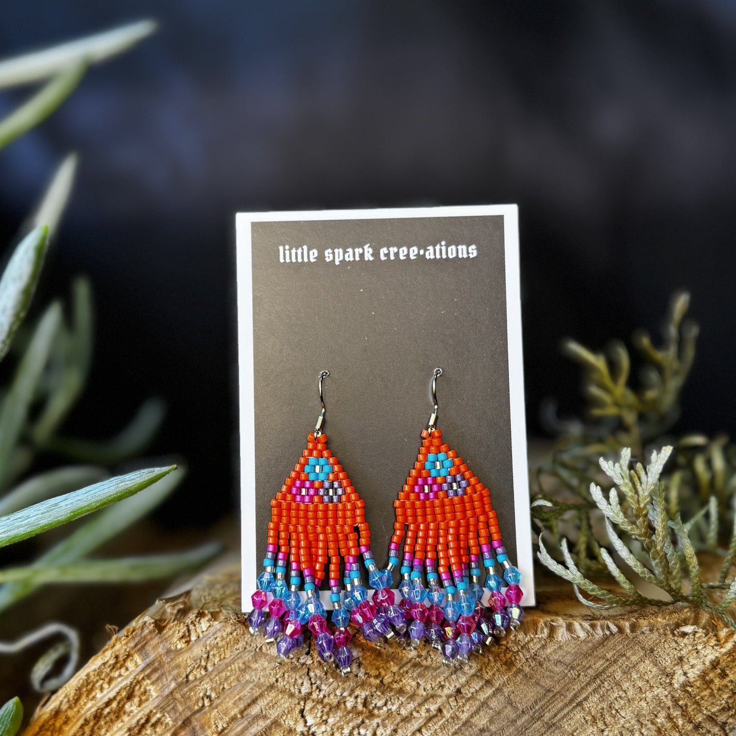 Orange and Purple Fringe medium beaded earrings handmade by Dee Cochrane of Little Spark Cree-ations