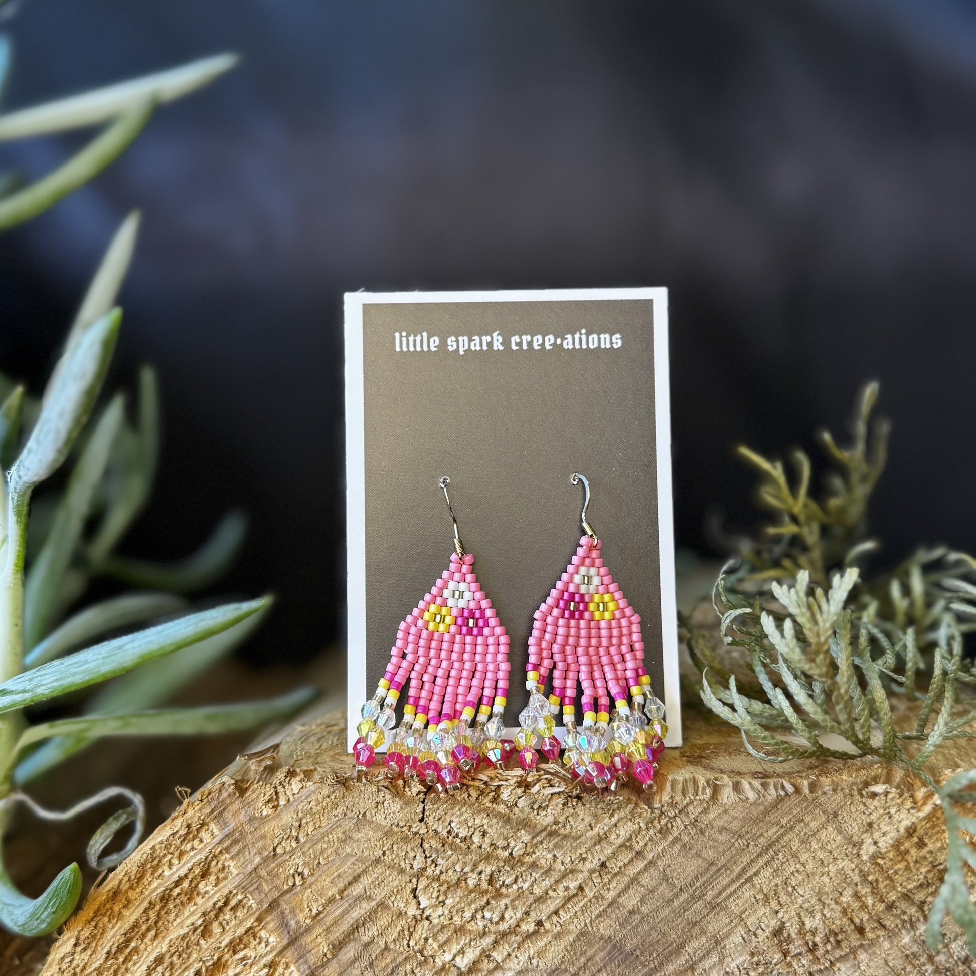 Pink Fringe medium beaded earrings handmade by Dee Cochrane of Little Spark Cree-ations