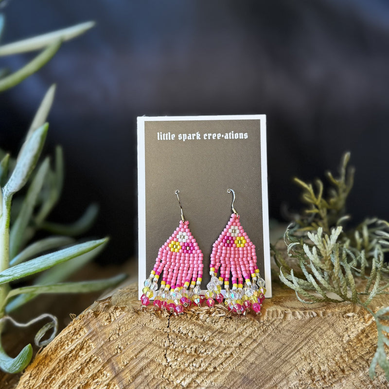 Pink Fringe medium beaded earrings handmade by Dee Cochrane of Little Spark Cree-ations