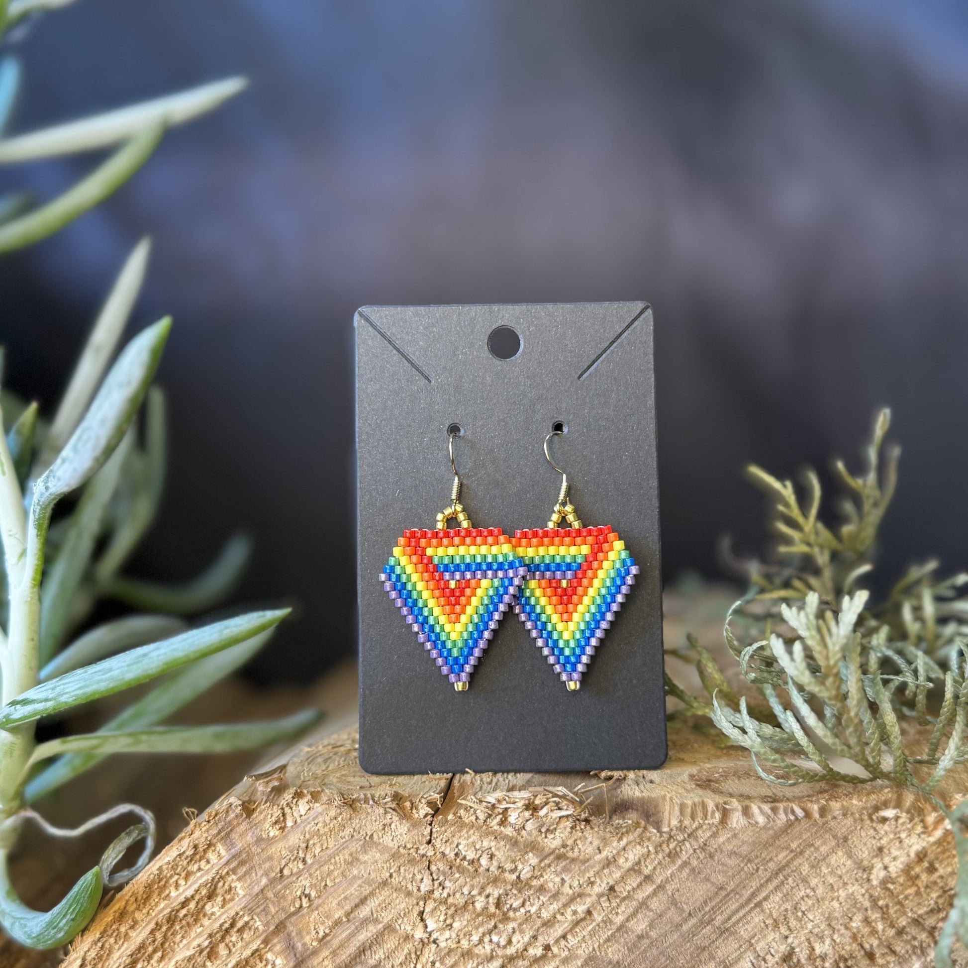 Rainbow Heart medium beaded earrings handmade by Dee Cochrane of Little Spark Cree-ations