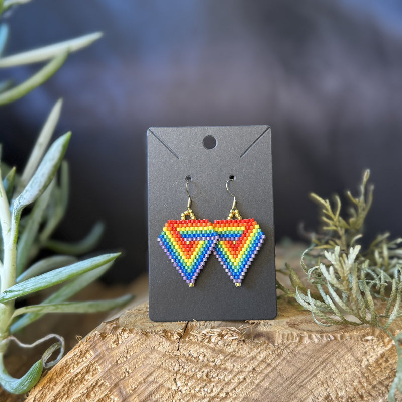 Rainbow Heart medium beaded earrings handmade by Dee Cochrane of Little Spark Cree-ations