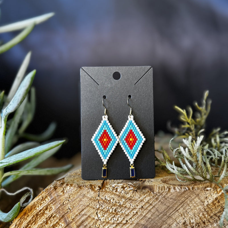 Turquoise Diamond medium beaded earrings handmade by Dee Cochrane of Little Spark Cree-ations