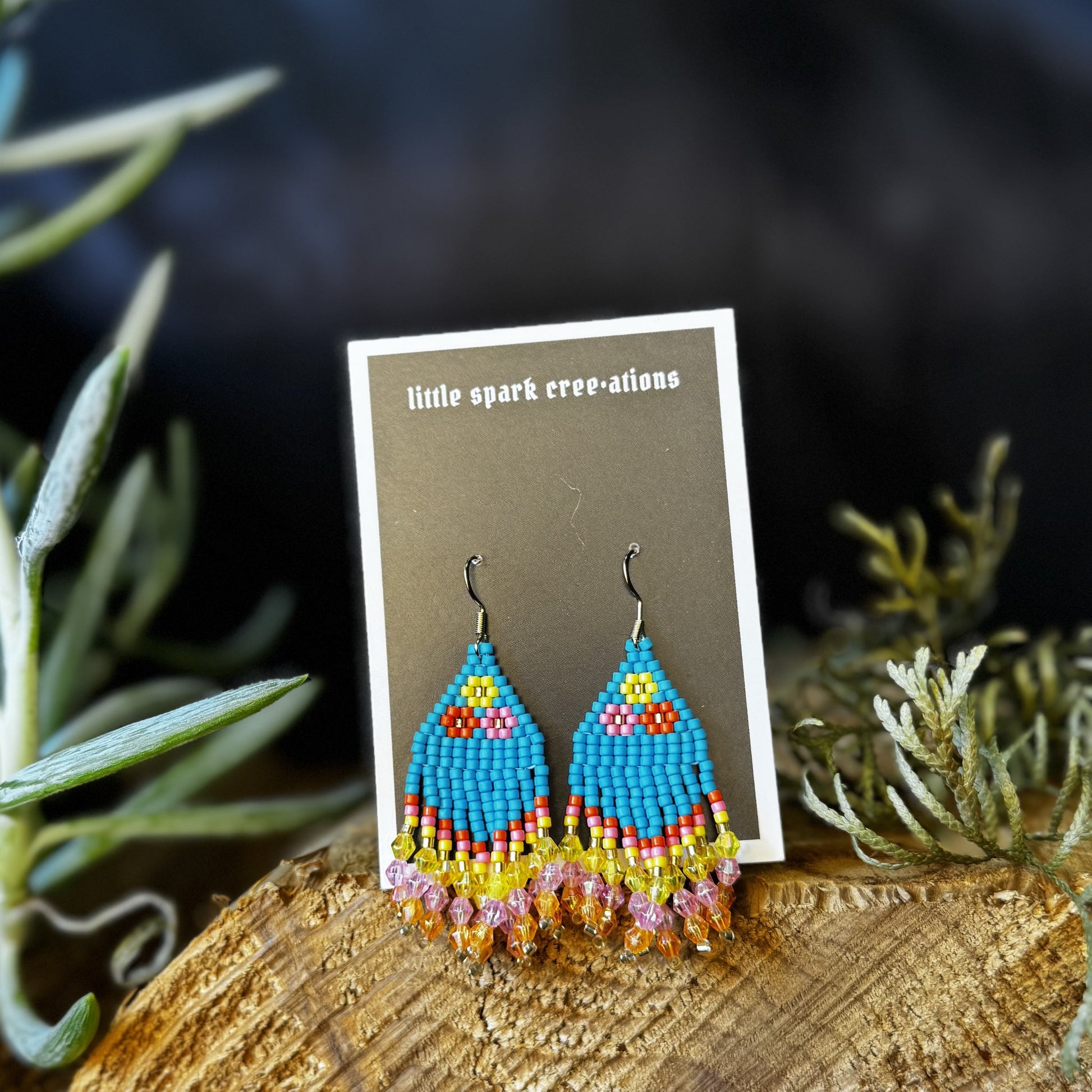 Turquoise Fringe medium beaded earrings handmade by Dee Cochrane of Little Spark Cree-ations
