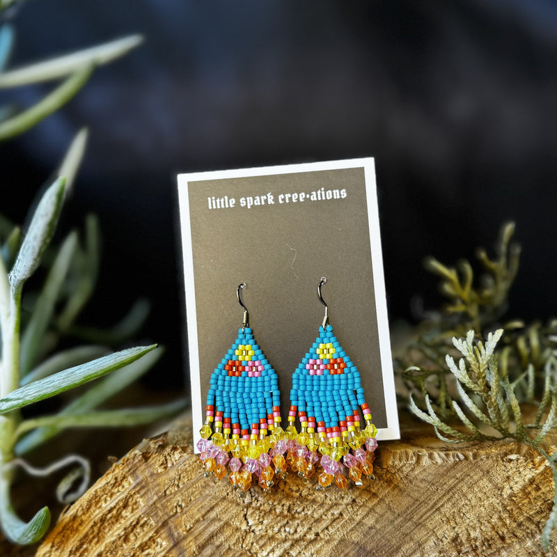 Turquoise Fringe medium beaded earrings handmade by Dee Cochrane of Little Spark Cree-ations