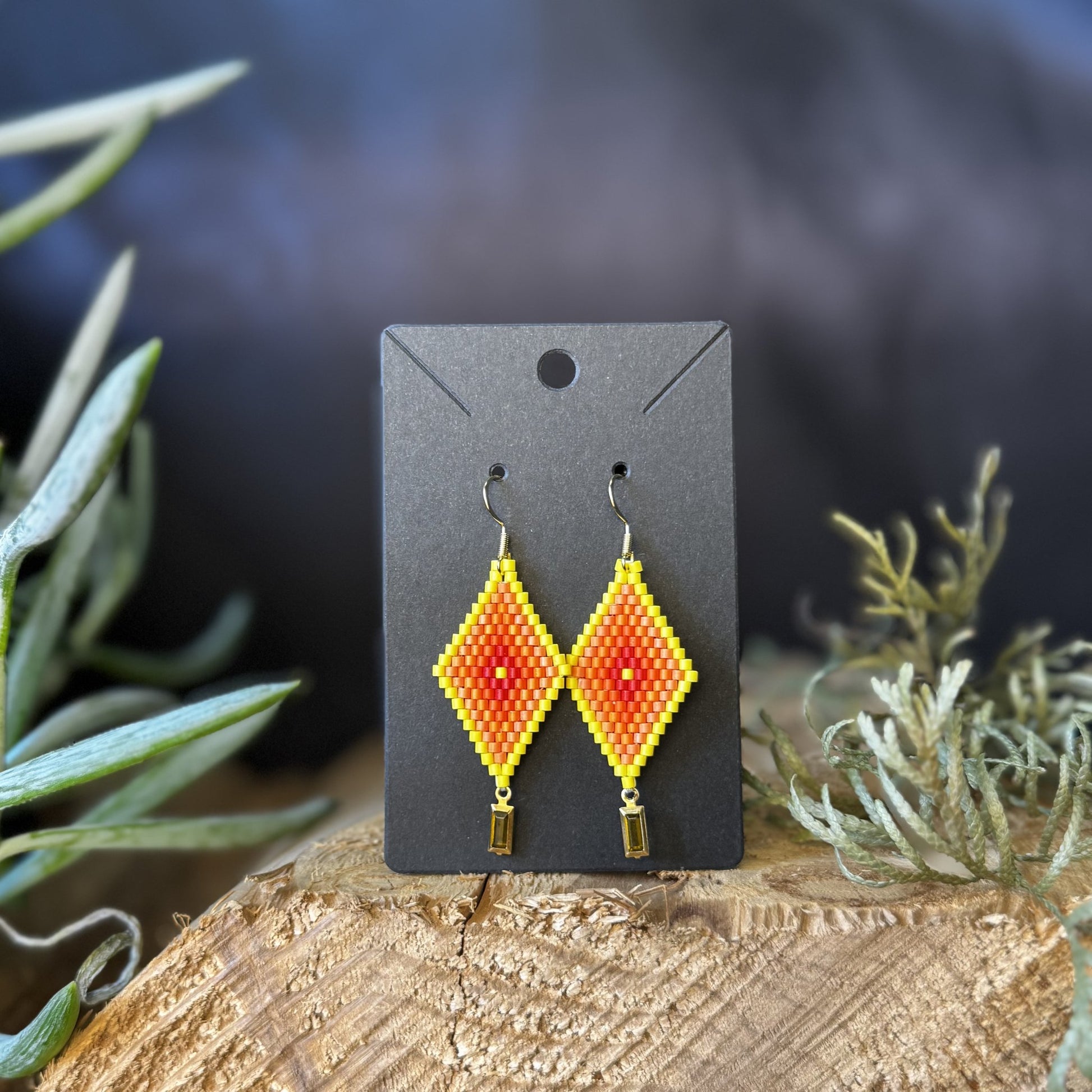 Yellow and Red Diamond medium beaded earrings handmade by Dee Cochrane of Little Spark Cree-ations