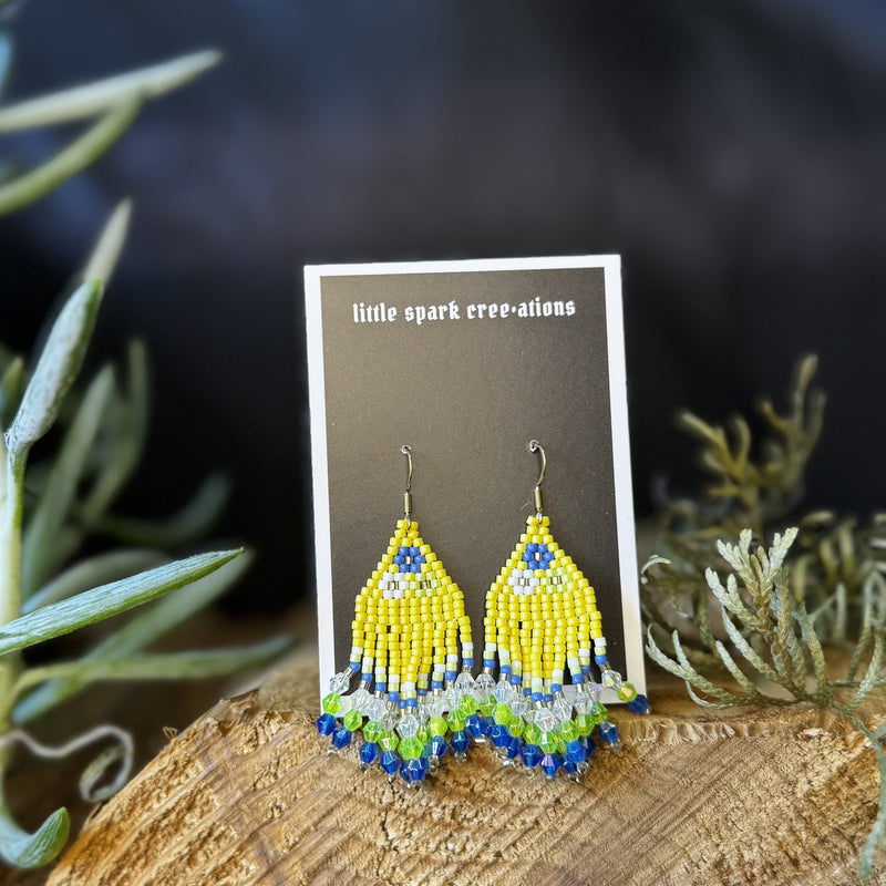 Yellow Floral medium beaded earrings handmade by Dee Cochrane of Little Spark Cree-ations