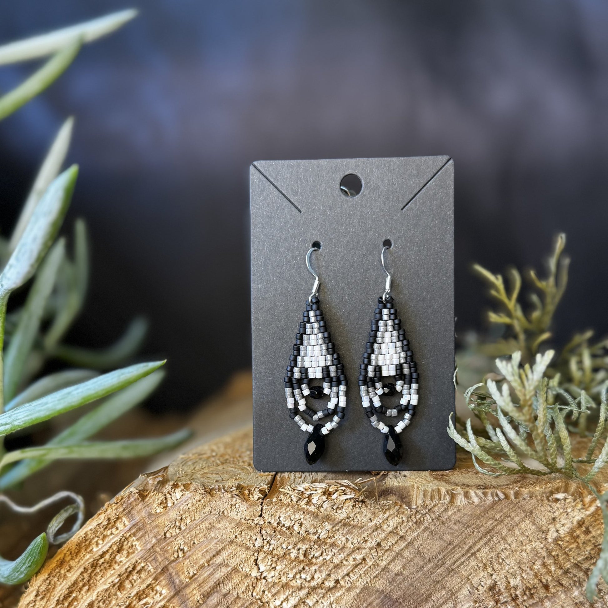 Black and Silver Drop small beaded earrings handmade by Dee Cochrane of Little Spark Cree-ations