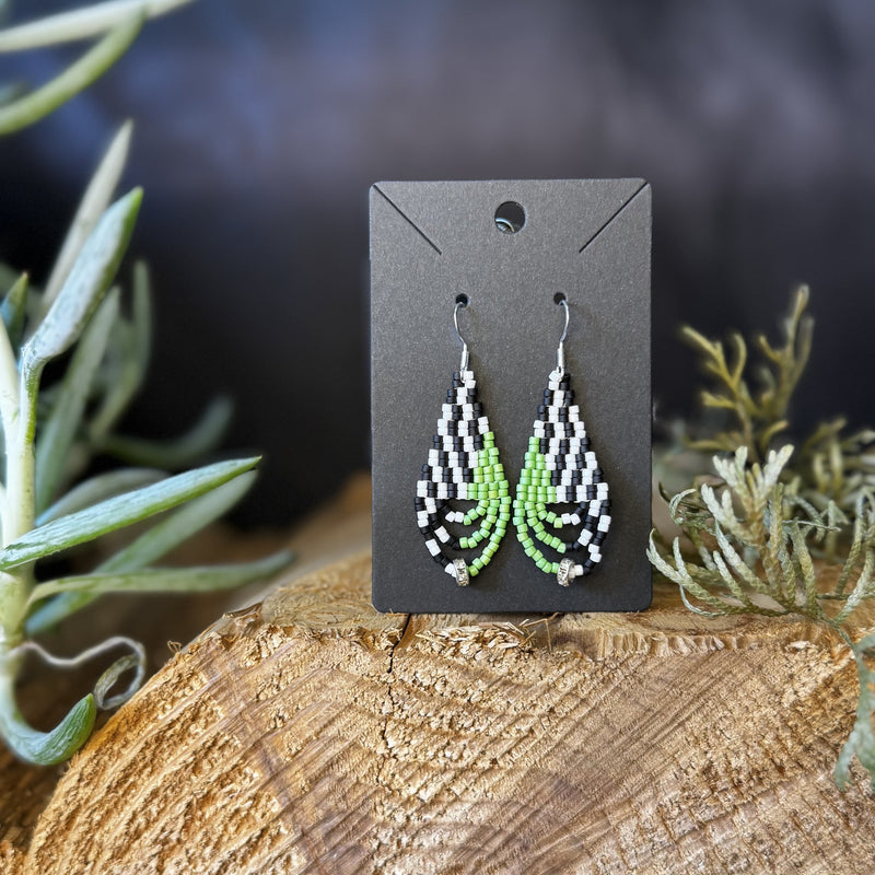 Green and Black Fringe small beaded earrings handmade by Dee Cochrane of Little Spark Cree-ations